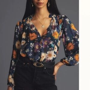 Anthropologie The Estela Sheer Printed Blouse